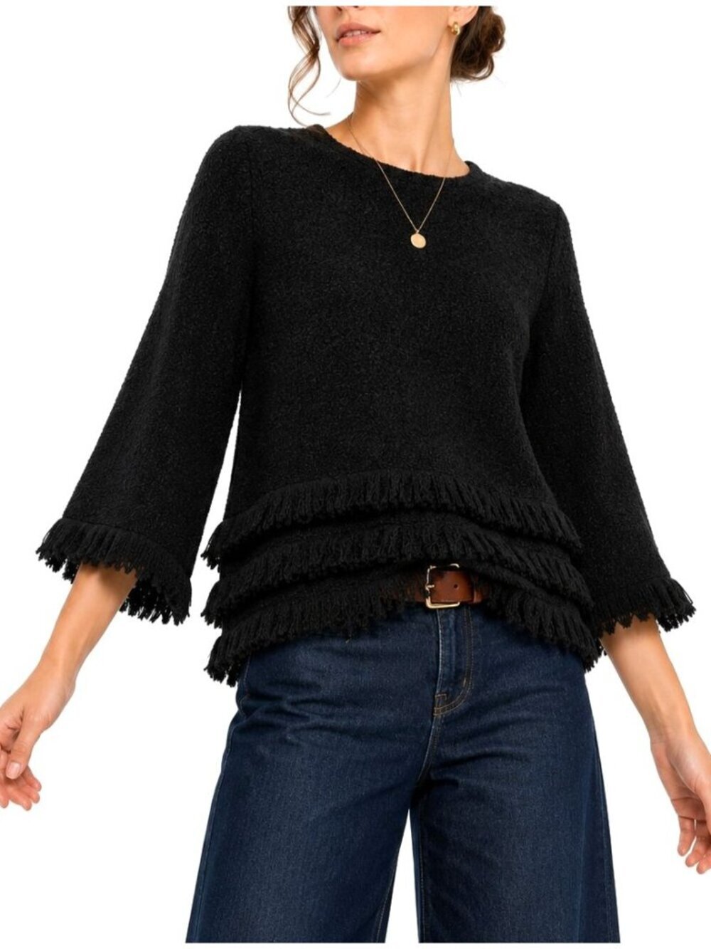 Ann Mashburn Black Fringe Trim Wool Sweater Boxy 3/4 Sleeve